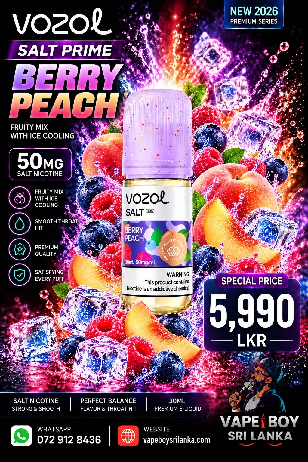 Vozol Salt Prime Berry Peach 30ml (50mg) | Vape Boy Sri Lanka