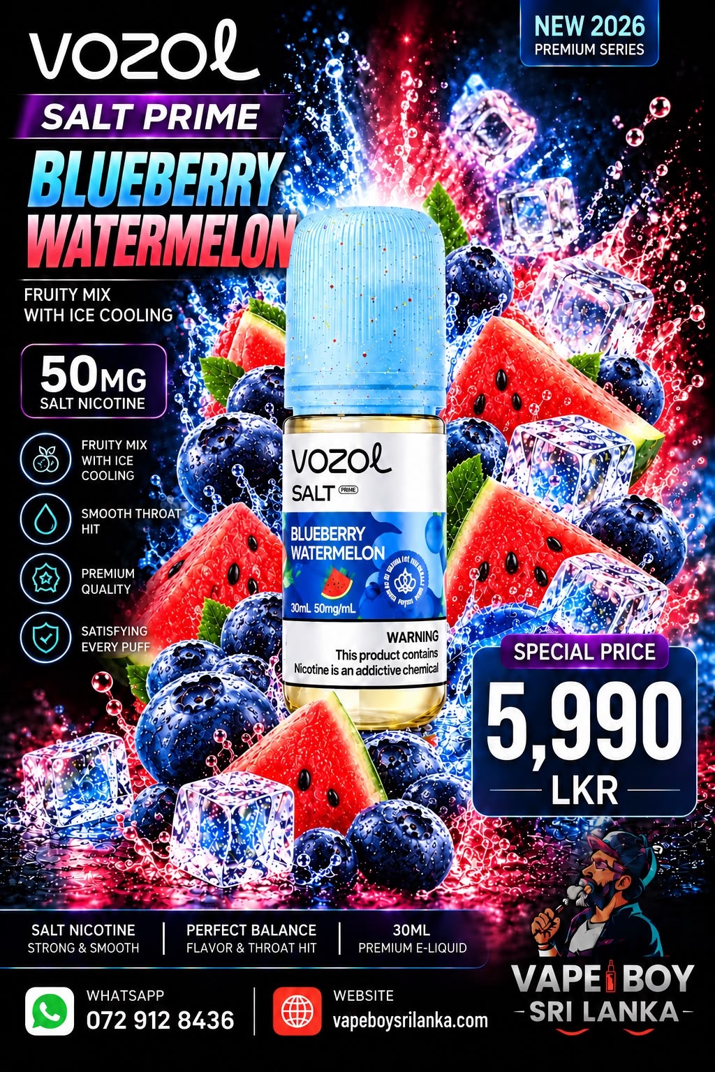 Vozol Salt Prime Blueberry Watermelon 30ml (50mg) | Vape Boy Sri Lanka